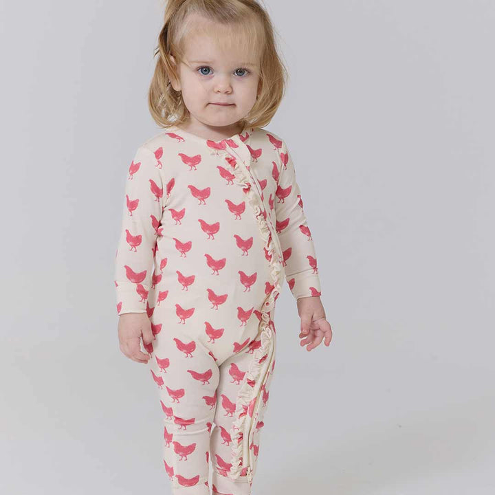 Baby Girls Ruffle Bamboo Romper - Pink Chickens