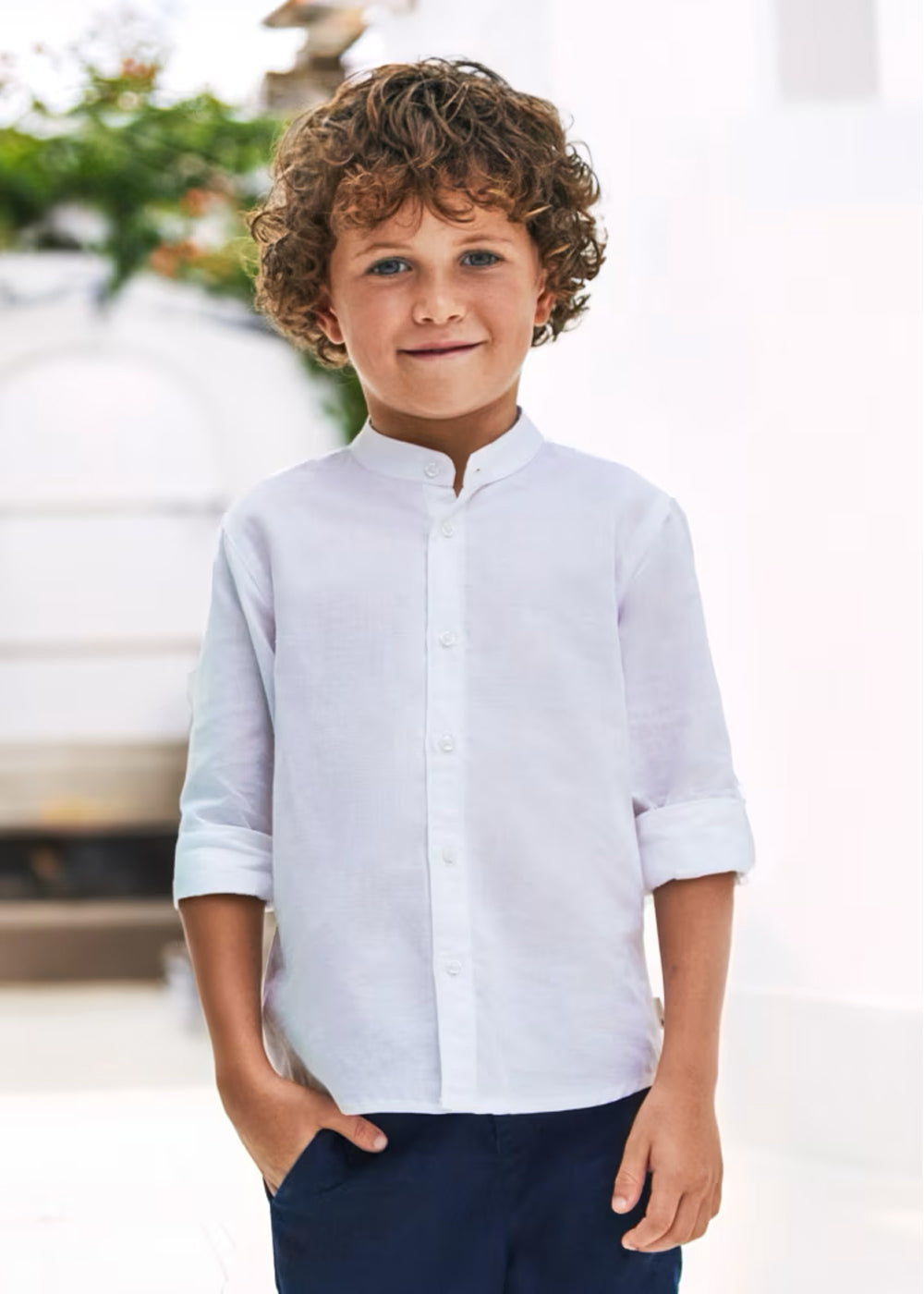 White Long Sleeve Mao Collar Shirt