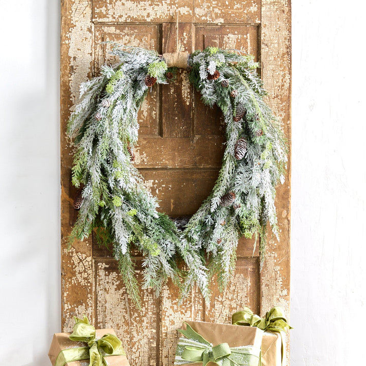 29" Flocked Oval Cedar & Mini Pinecone Wreath