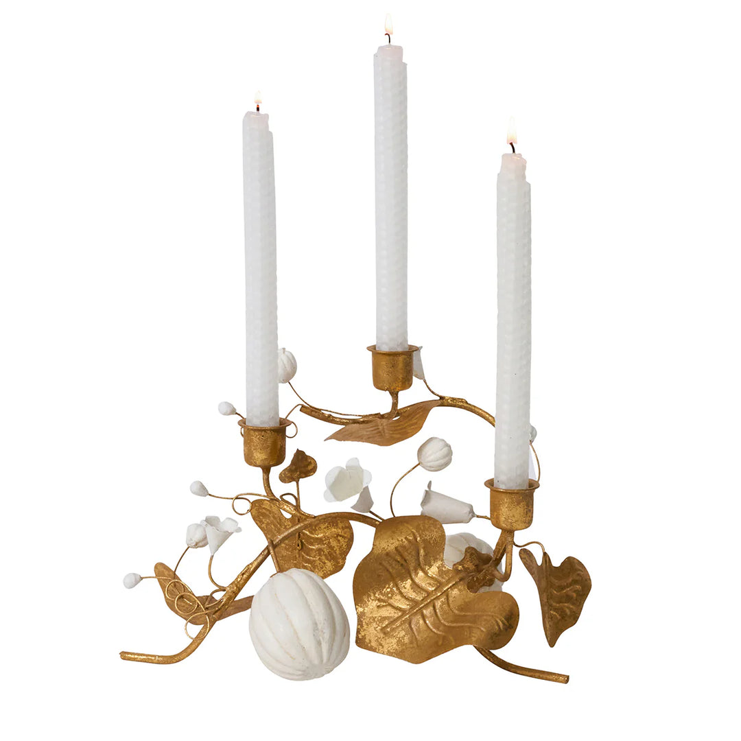 Forest Walk Pumpkin &amp; Vine Triple Candlestick Holder - Gold