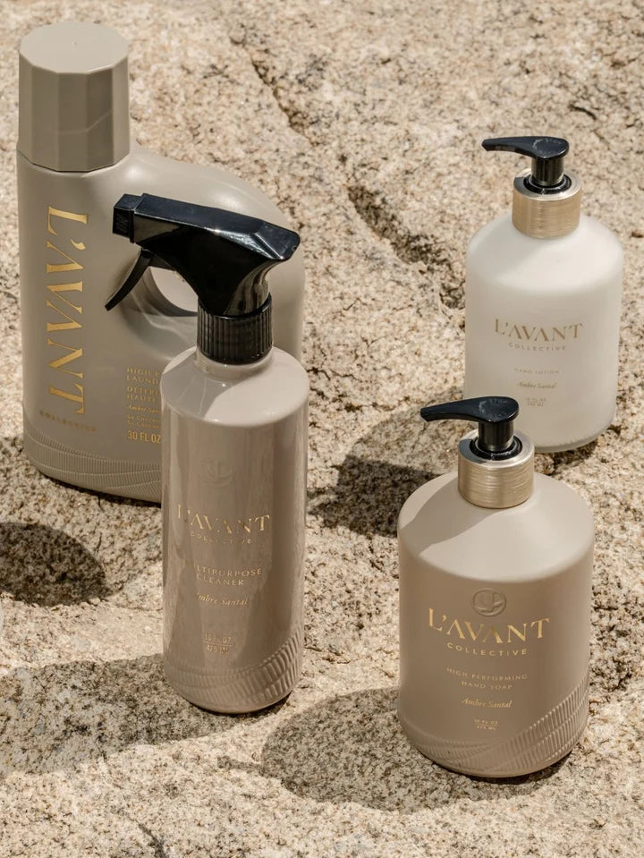 L’AVANT Ambre Santal home cleaning collection with multipurpose cleaner, hand soap, lotion and laundry detergent