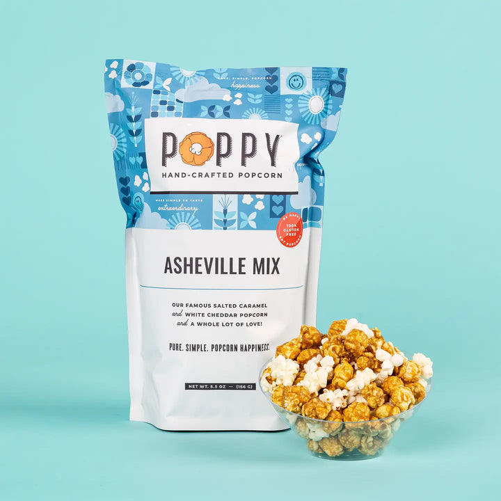 Poppy Asheville Mix Popcorn with a bowl of salted caramel and white cheddar popcorn