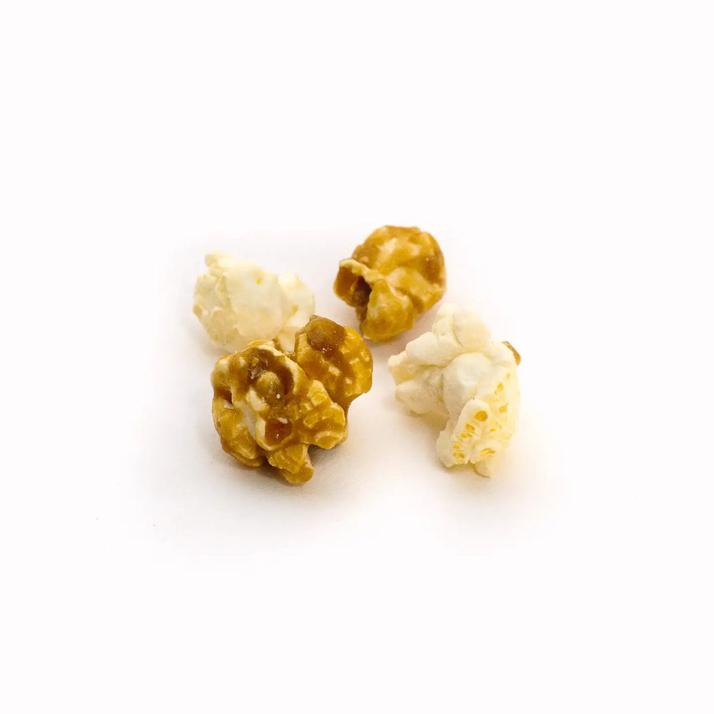 Close-up of Asheville Mix salted caramel and white cheddar popcorn