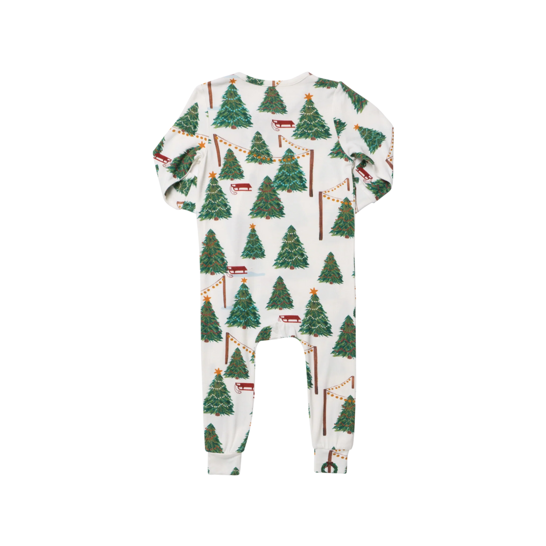 Back view of Baby Bamboo Christmas Romper featuring green Christmas trees, holiday garlands, red sleds, and long sleeves.