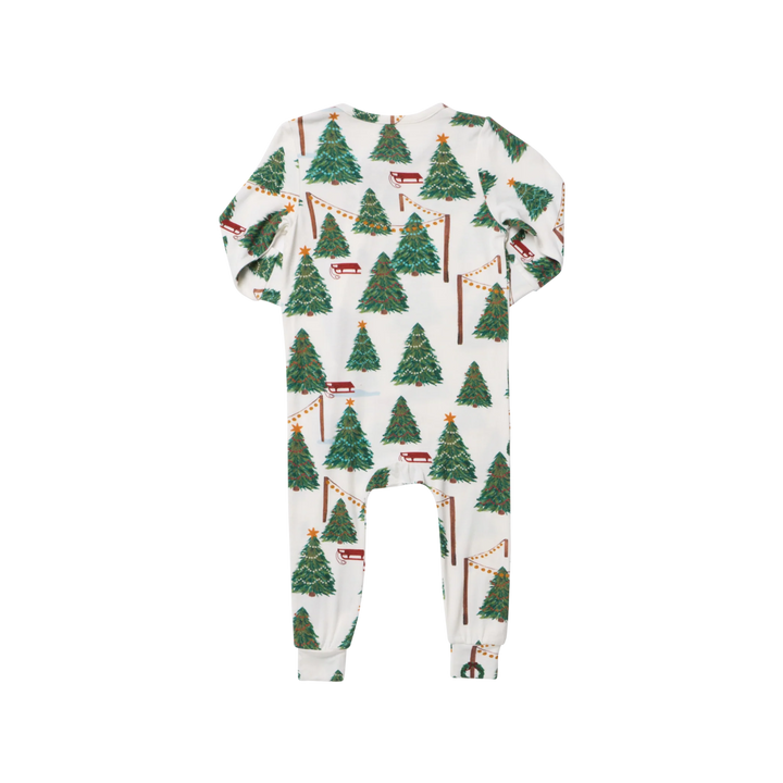 Back view of Baby Bamboo Christmas Romper featuring green Christmas trees, holiday garlands, red sleds, and long sleeves.