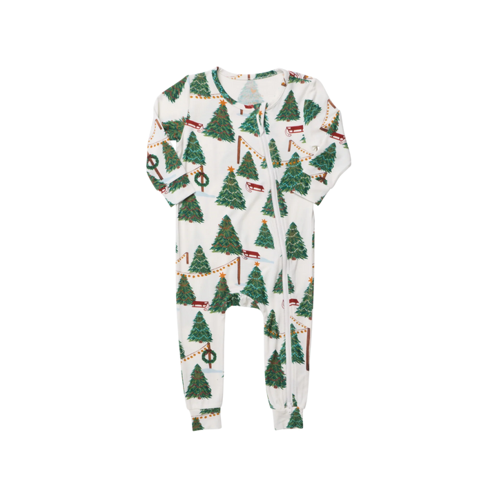 Baby Bamboo Christmas Romper in Christmas Tree Farm featuring decorated green Christmas trees, red sleds, and a front zipper.