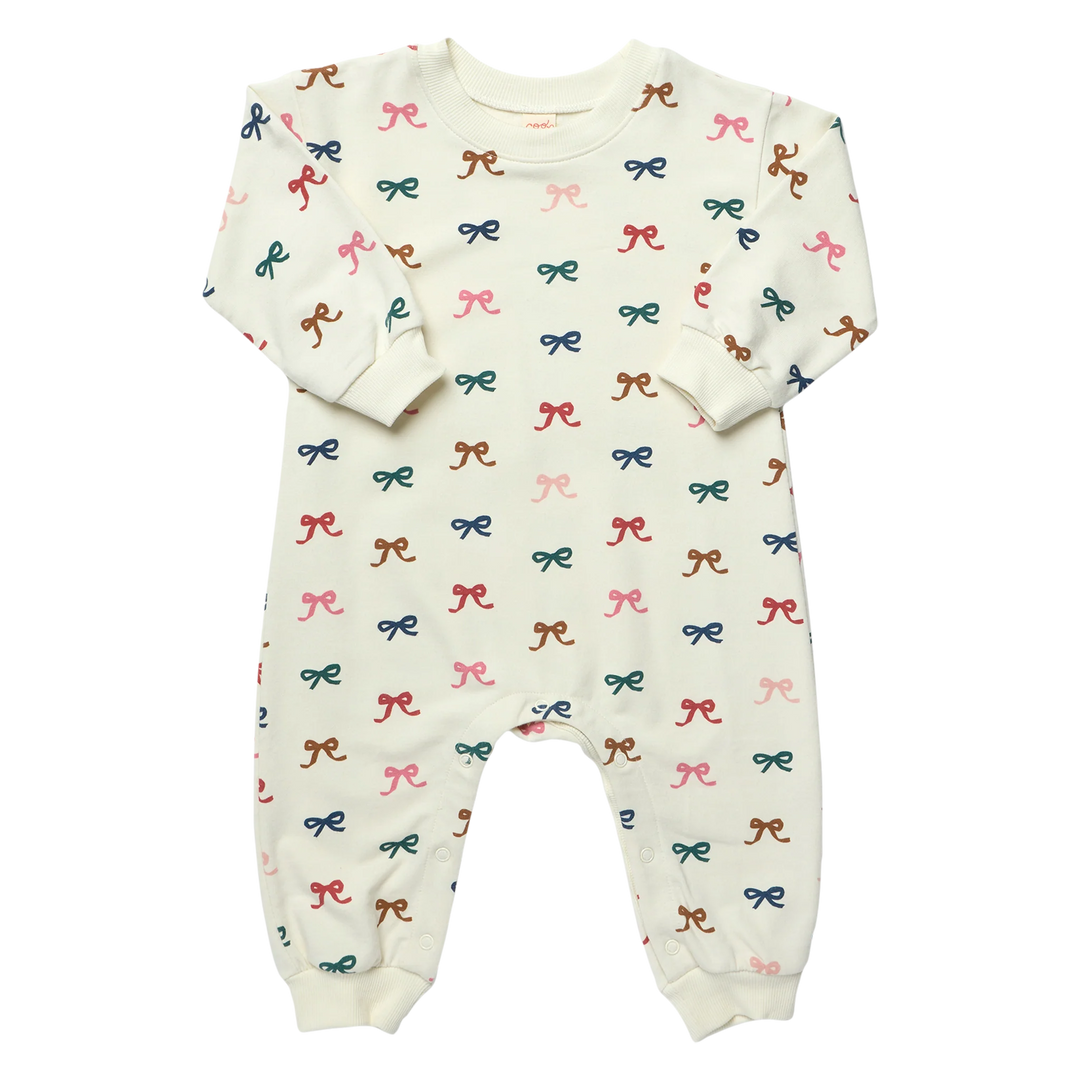 Cream Baby Bow Romper with colorful pink, blue, green, red and brown bow print, long sleeves and ribbed cuffs