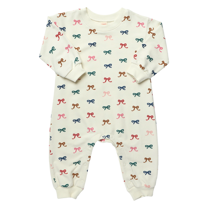 Cream Baby Bow Romper with colorful pink, blue, green, red and brown bow print, long sleeves and ribbed cuffs