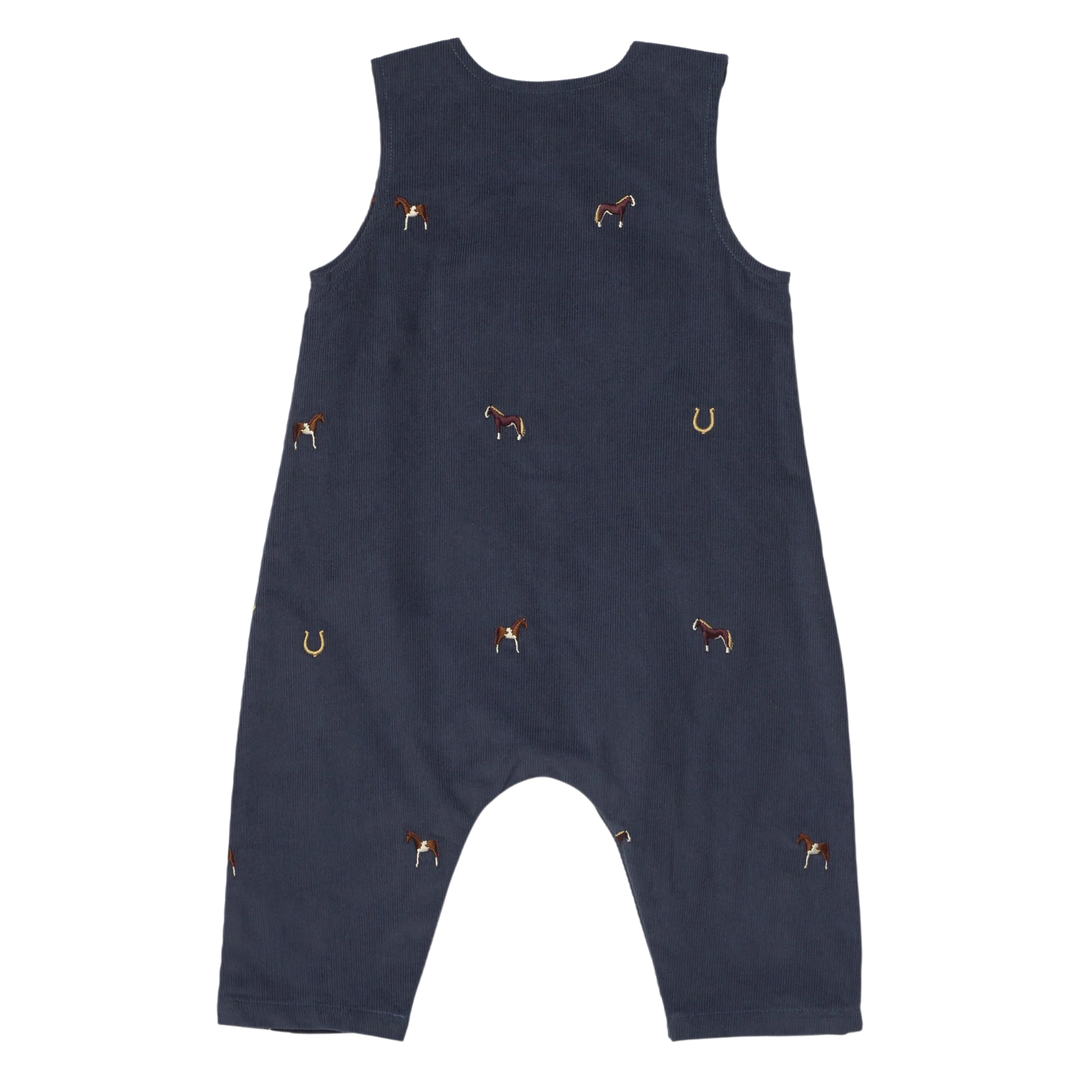 Back view of Baby Boy Navy Horse Jumper featuring embroidered horses and horseshoes