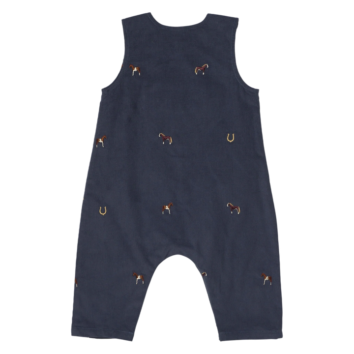 Back view of Baby Boy Navy Horse Jumper featuring embroidered horses and horseshoes