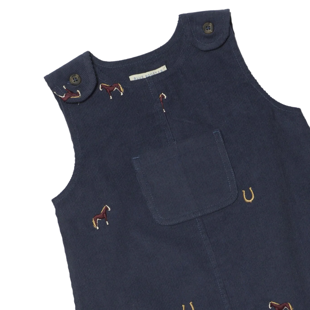 Close-up of Baby Boy Navy Horse Jumper with horse embroidery, horseshoe details, front pocket and shoulder buttons