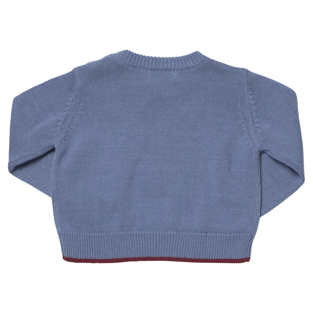 Back view of Baby Boys Bronco Sweater in blue with ribbed neckline and hem