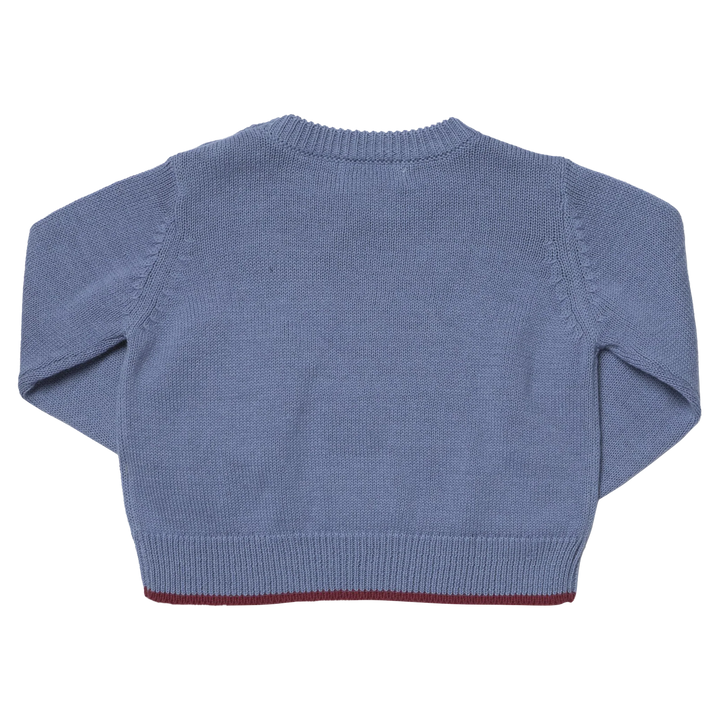 Back view of Baby Boys Bronco Sweater in blue with ribbed neckline and hem