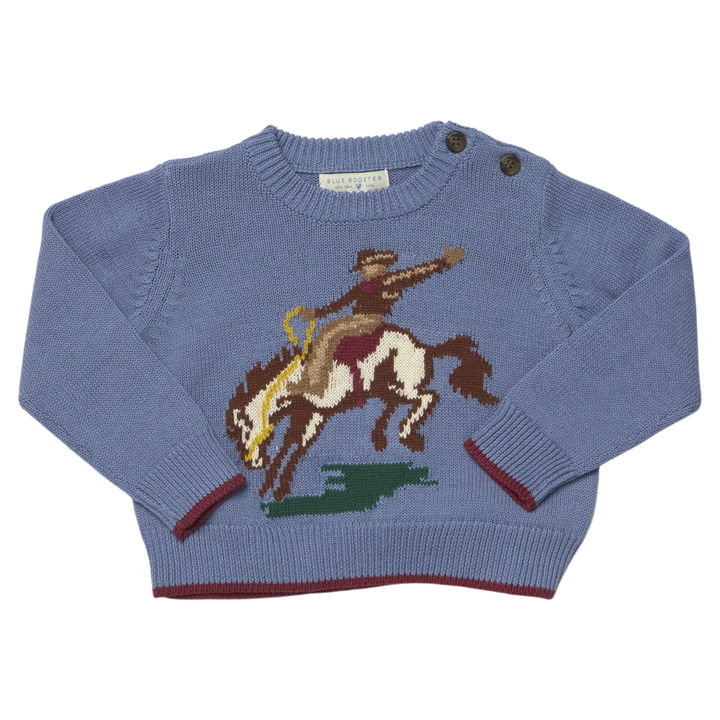 Baby Boys Bronco Sweater in blue with cowboy and bucking horse knit design