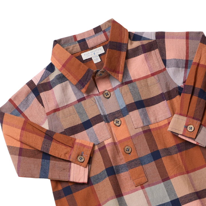 Close-up of Baby Boys Easton Jumper in Hayride Plaid with button front and chest pockets