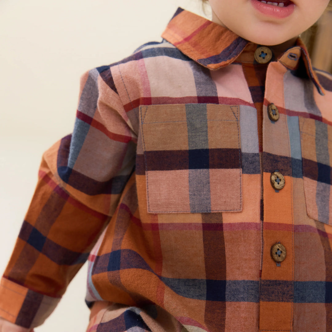 Baby Boys Easton Jumper in Hayride Plaid featuring long sleeves, collar and chest pockets