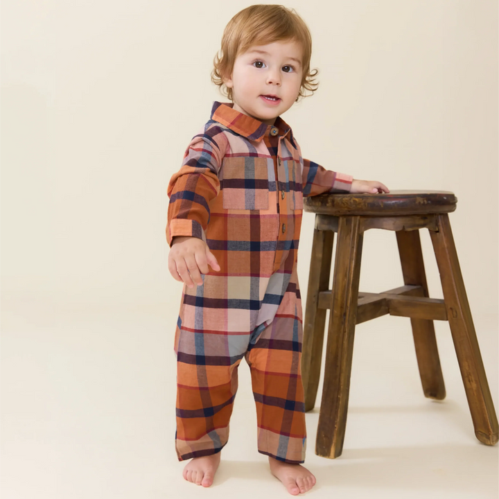 Baby boy wearing the Easton Jumper in Hayride Plaid