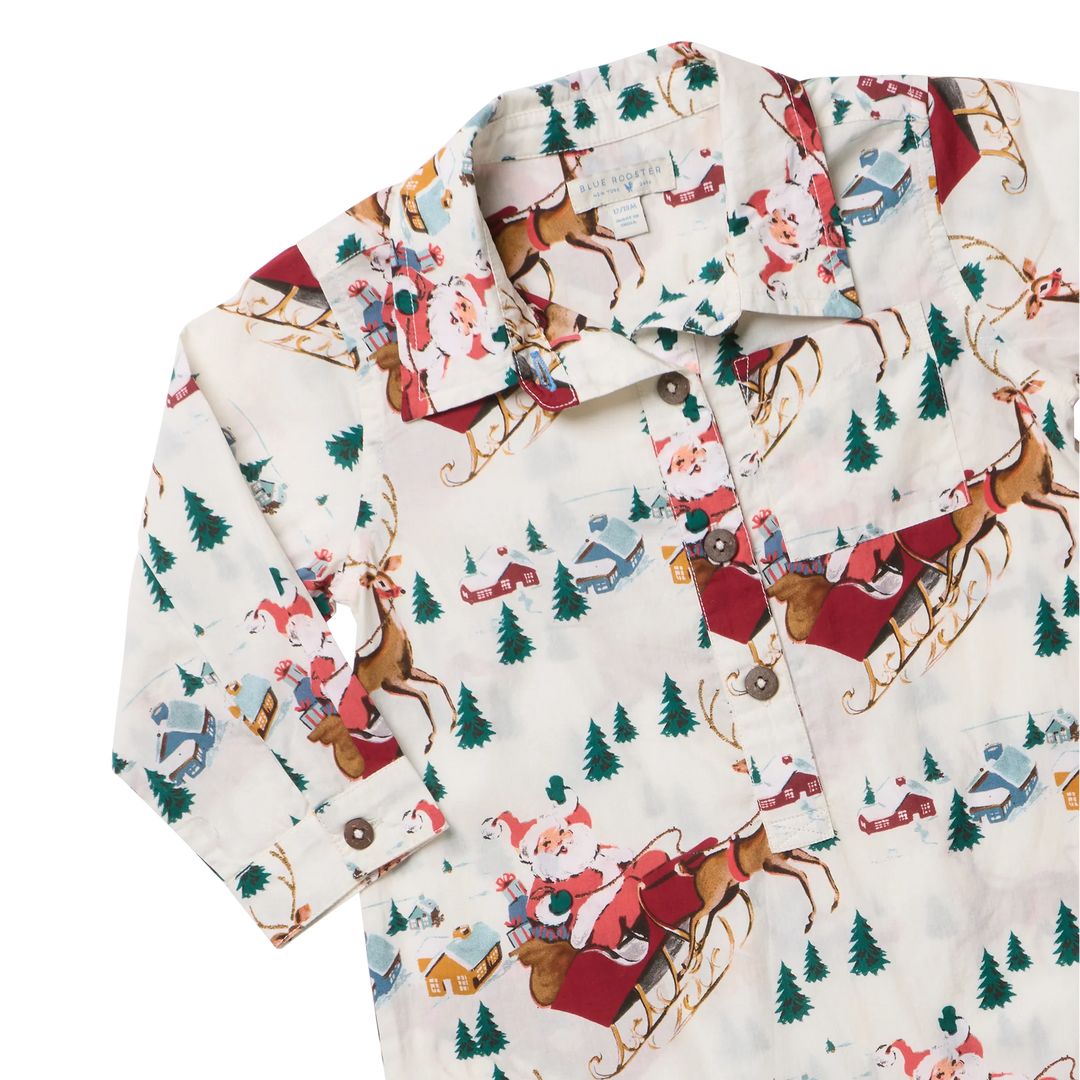 Close-up of Baby Boys Easton Jumper showing Santa, reindeer, snowy cottages, and button-down collar