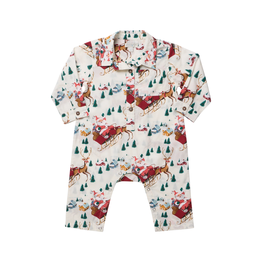 Pink Chicken Baby Boys Easton Jumper in Santa Sleigh featuring a festive Christmas print, long sleeves, and snap closures