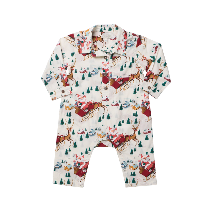 Pink Chicken Baby Boys Easton Jumper in Santa Sleigh featuring a festive Christmas print, long sleeves, and snap closures