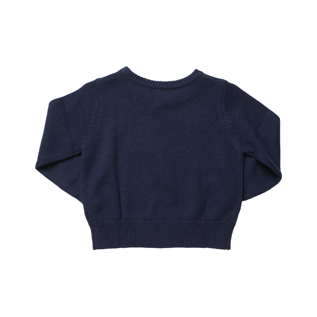 Back view of Pink Chicken Baby Boys Oliver Sweater Navy Santa featuring solid navy knit fabric and ribbed hem