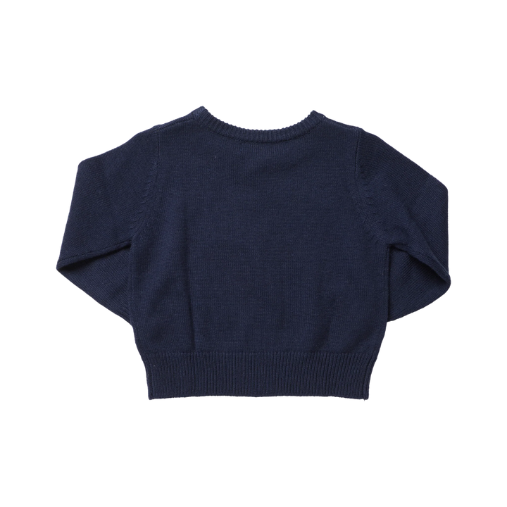 Back view of Pink Chicken Baby Boys Oliver Sweater Navy Santa featuring solid navy knit fabric and ribbed hem