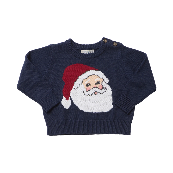 Pink Chicken Baby Boys Oliver Sweater Navy Santa featuring a festive knit Santa face and ribbed trim