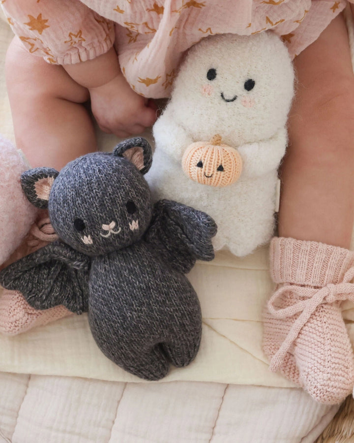 Baby Ghost with Pumpkin knit Halloween toy styled with a baby and gray bat plush