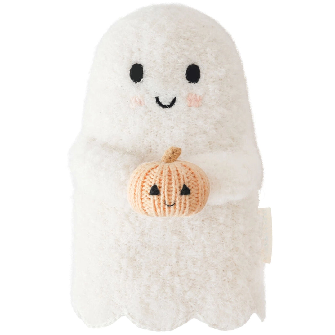 Baby Ghost with Pumpkin white knit Halloween toy on a clean white background