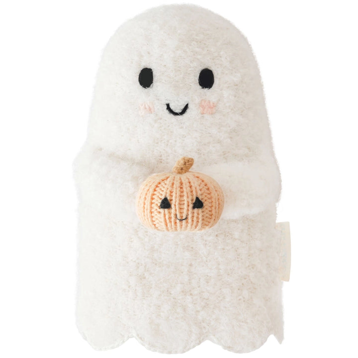 Baby Ghost with Pumpkin white knit Halloween toy on a clean white background