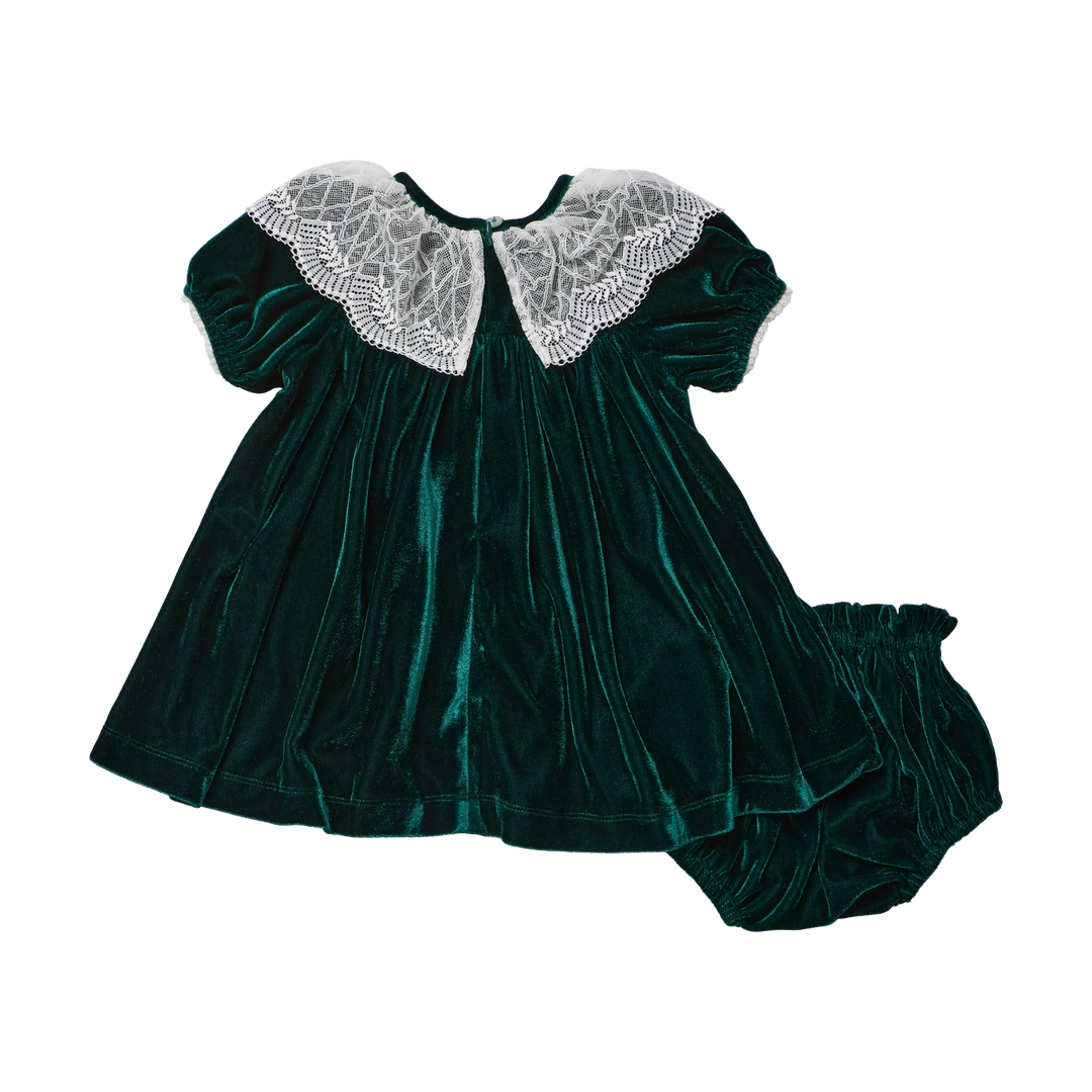 Back view of Pink Chicken Baby Girls Caroline Dress Set featuring a white lace collar, button closure, and matching velour bloomers