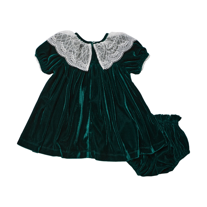 Back view of Pink Chicken Baby Girls Caroline Dress Set featuring a white lace collar, button closure, and matching velour bloomers