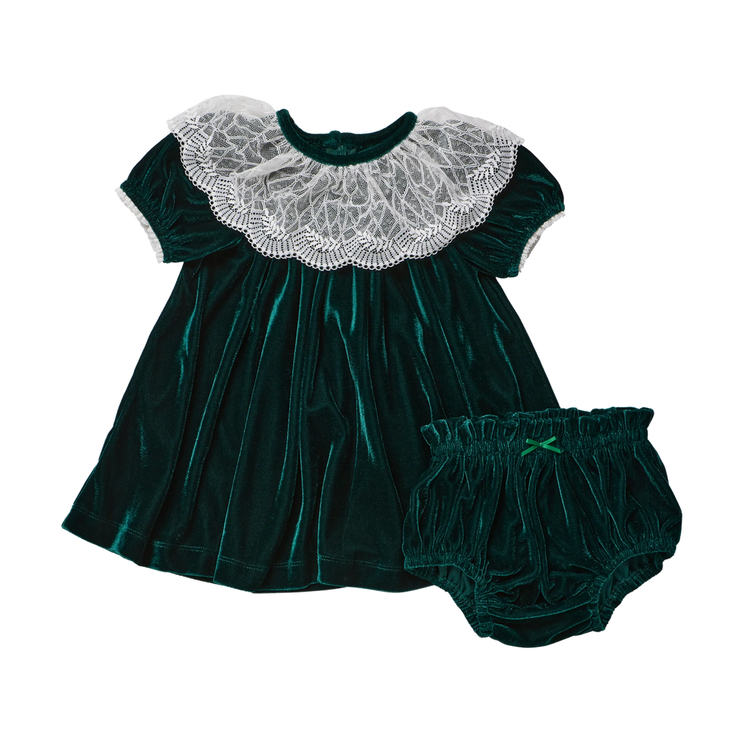 Pink Chicken Baby Girls Caroline Dress Set in Evergreen Velour featuring a white lace collar, puff sleeves, and matching green bloomers