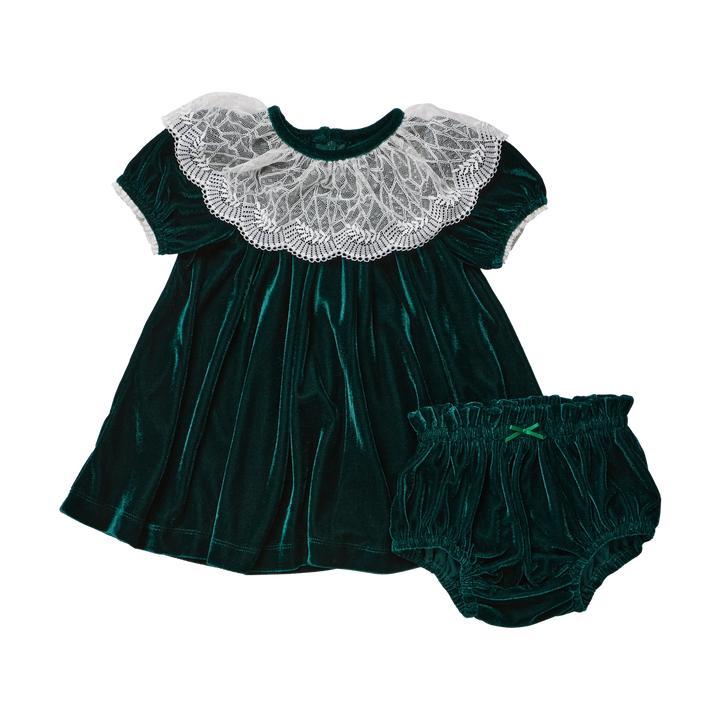 Pink Chicken Baby Girls Caroline Dress Set in Evergreen Velour featuring a white lace collar, puff sleeves, and matching green bloomers