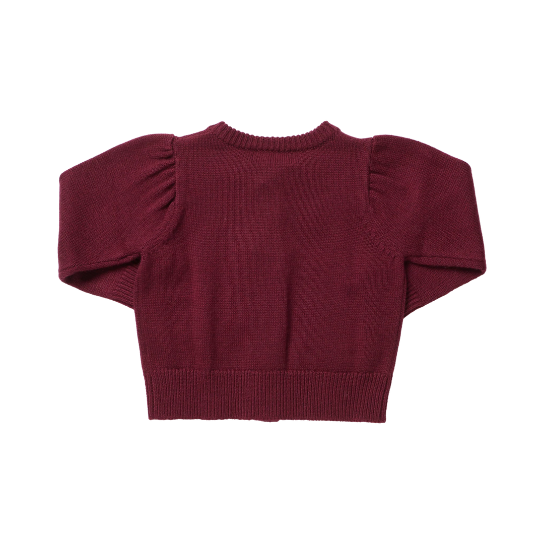 Back view of Pink Chicken Baby Girls Constance Sweater featuring solid burgundy knit, gently puffed sleeves, and ribbed trim.