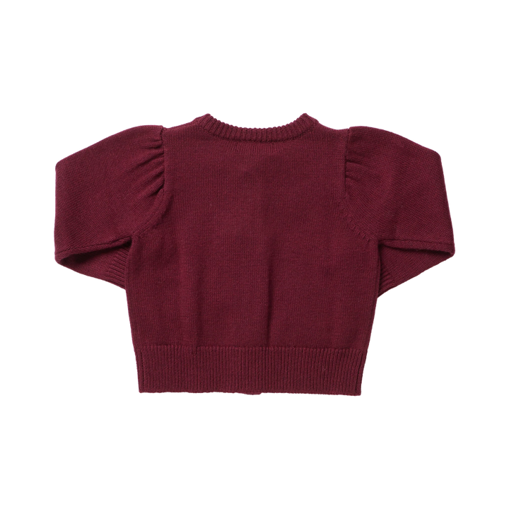 Back view of Pink Chicken Baby Girls Constance Sweater featuring solid burgundy knit, gently puffed sleeves, and ribbed trim.
