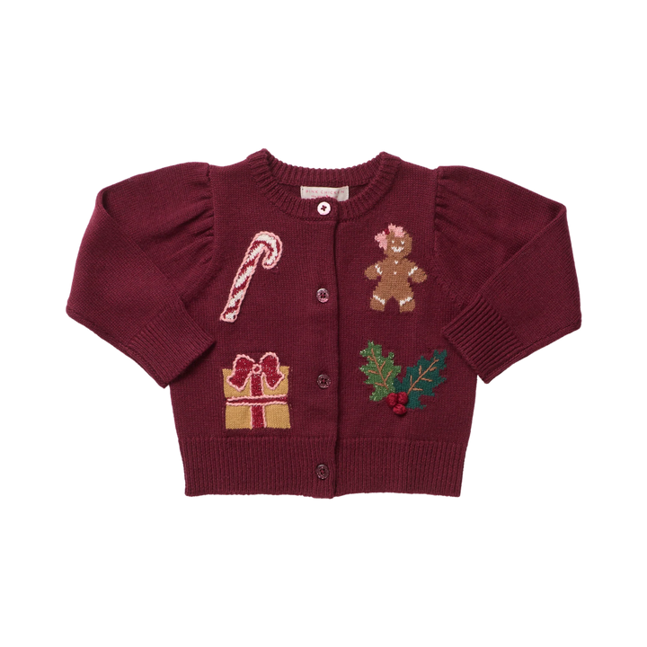 Pink Chicken Baby Girls Constance Sweater in burgundy featuring festive gingerbread, candy cane, Christmas present, and holly patches.