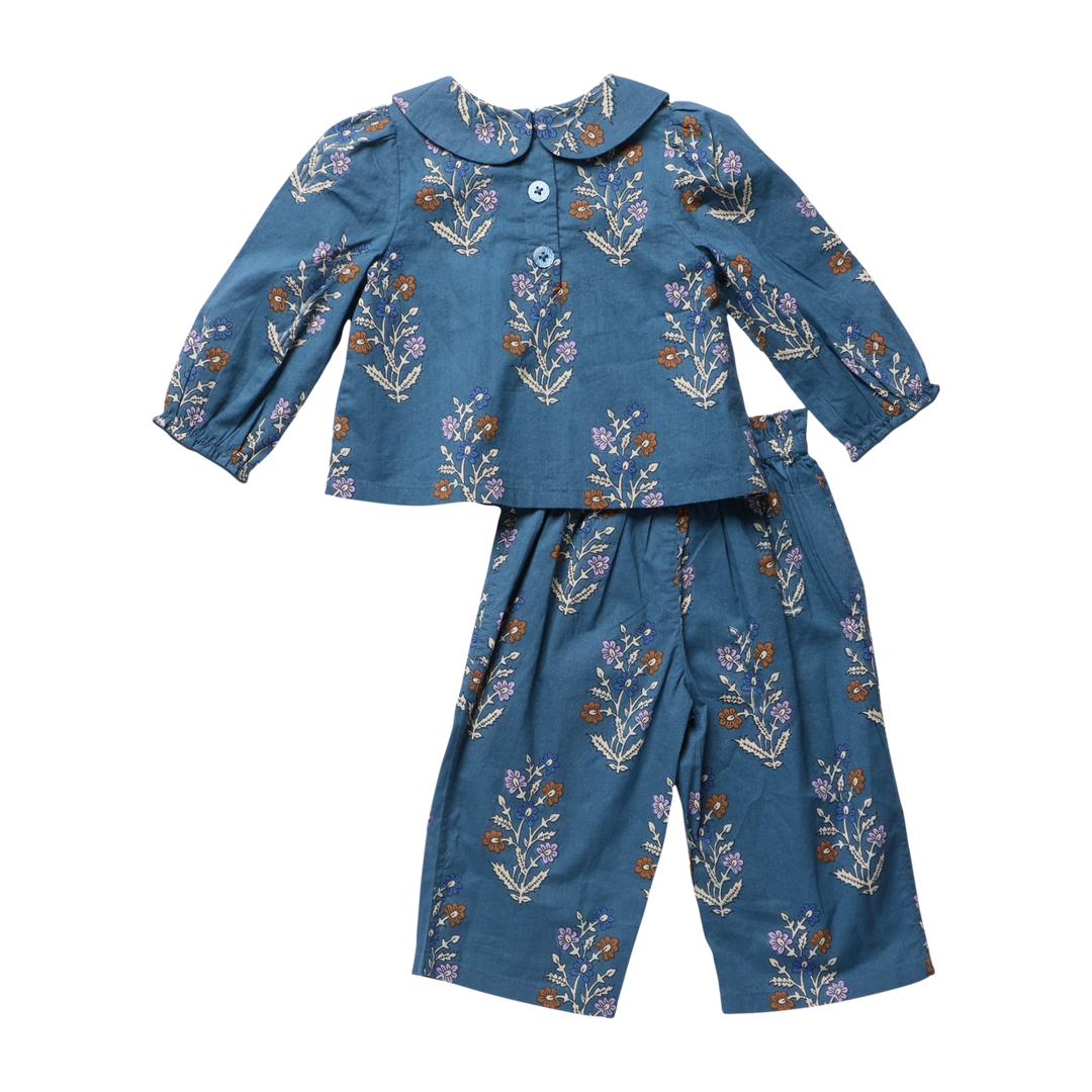 Back view of Baby Girls Dawson 2-PC Set in Balsam Dewdrop with button-back top and matching pants