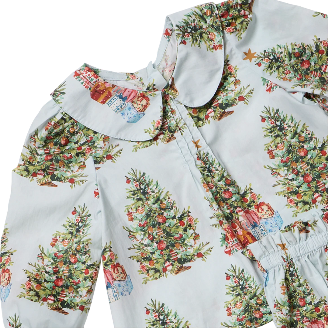 Close-up of the Baby Girls Dawson 2PC Set showing the rounded Peter Pan collar, colorful Christmas trees, wrapped presents, and festive print.