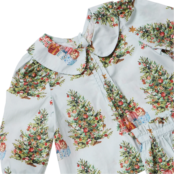 Close-up of the Baby Girls Dawson 2PC Set showing the rounded Peter Pan collar, colorful Christmas trees, wrapped presents, and festive print.