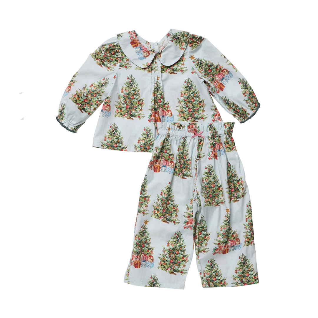 Pink Chicken Baby Girls Dawson 2PC Set in Trees and Presents featuring a light blue Christmas tree print, Peter Pan collar, and matching pants.