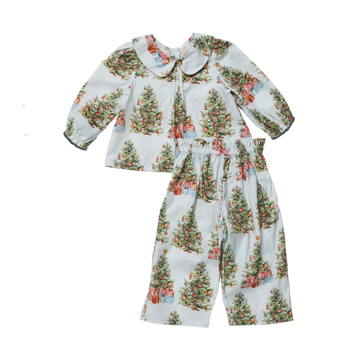 Pink Chicken Baby Girls Dawson 2PC Set in Trees and Presents featuring a light blue Christmas tree print, Peter Pan collar, and matching pants.