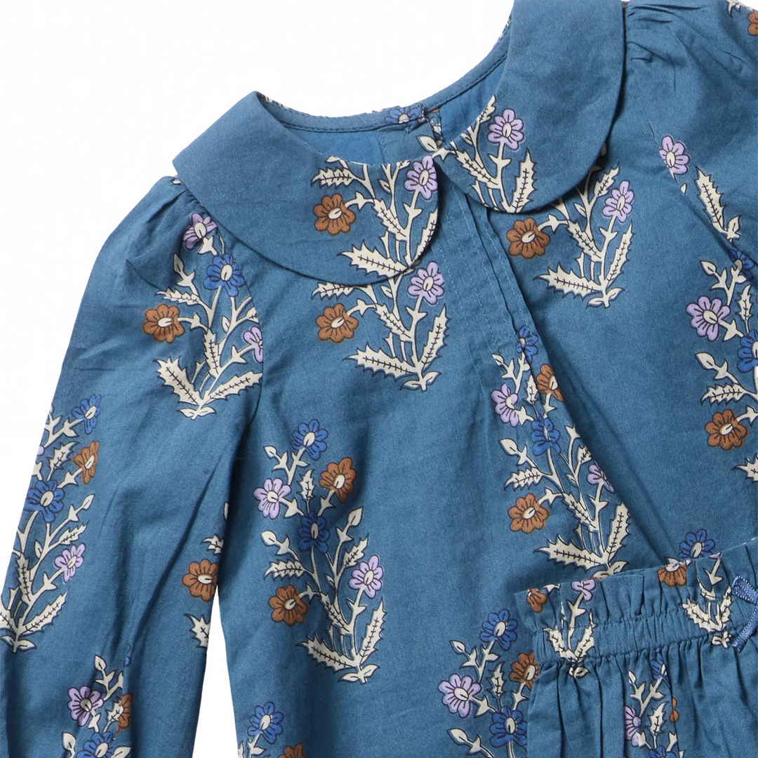 Close-up of Baby Girls Dawson Set showing Balsam Dewdrop floral print and Peter Pan collar
