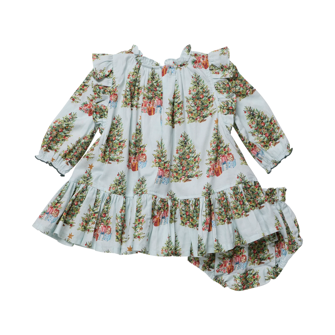 Back view of the Pink Chicken Baby Girls Harper Dress Set in Trees and Presents featuring a ruffled hem, long sleeves, and coordinating bloomers.