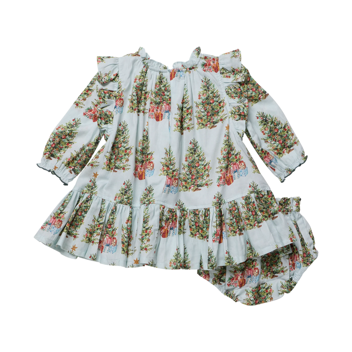 Back view of the Pink Chicken Baby Girls Harper Dress Set in Trees and Presents featuring a ruffled hem, long sleeves, and coordinating bloomers.