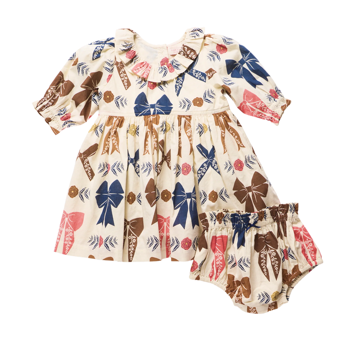 Baby Girls Harvest Bow Dress Set in cream with colorful bow and floral print and matching bloomers