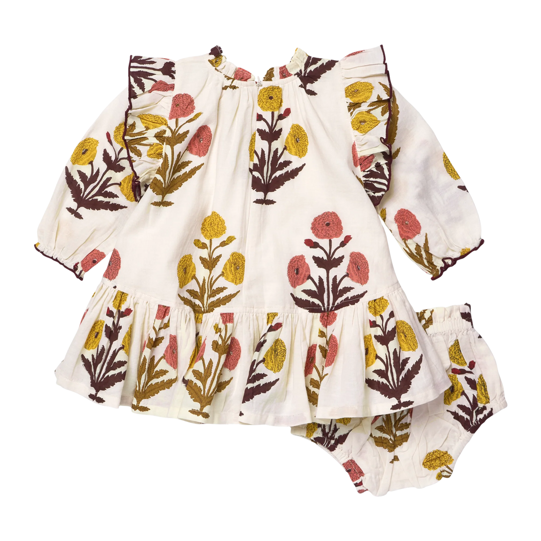 Back view of Baby Girls Harvest Dandelion Dress with matching floral bloomers