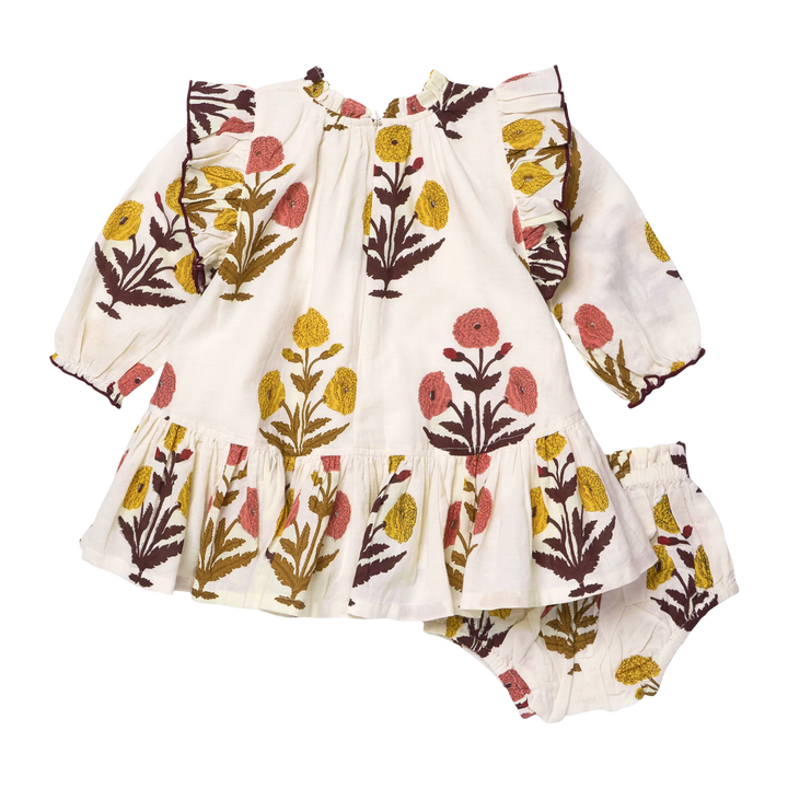 Back view of Baby Girls Harvest Dandelion Dress with matching floral bloomers