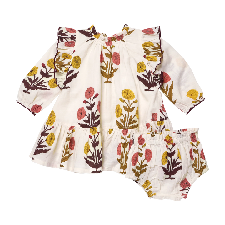 Baby Girls Harvest Dandelion Dress with matching bloomers, floral print and ruffle details