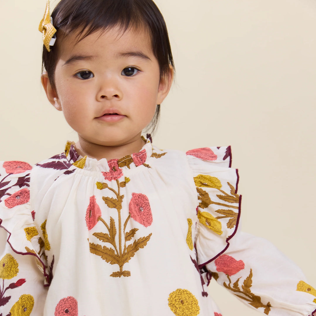 Baby Girls Harvest Dandelion Dress with ruffled neckline, flutter shoulders and fall floral print